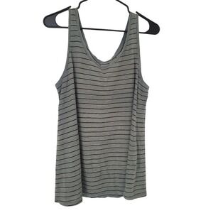 Eileen Fisher Green Black Striped‎ Organic Linen Jersey Scoop Neck Tank SZ:M